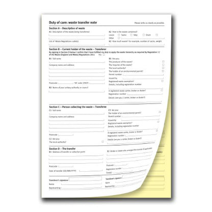 Environment Agency Duty of Care Waste Transfer Note, A4, Duplicate (69608)