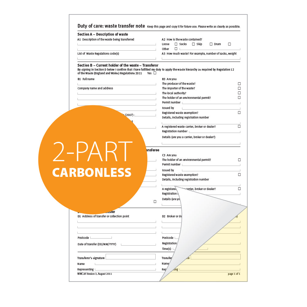 Environment Agency Duty of Care Waste Transfer Note, A4, Duplicate (69608)