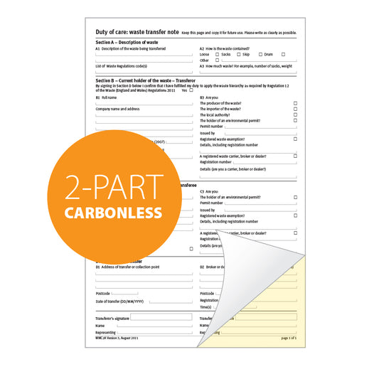 Environment Agency Duty of Care Waste Transfer Note, A4, Duplicate (69608)