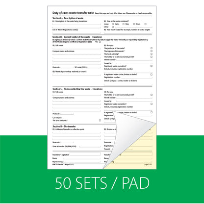 Environment Agency Duty of Care Waste Transfer Note, A4, Duplicate (69608)