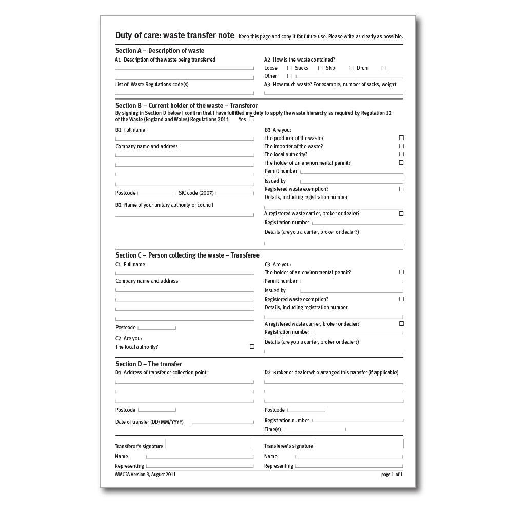 Environment Agency Duty of Care Waste Transfer Note, A4, Duplicate (69608)