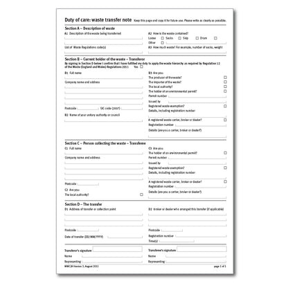 Environment Agency Duty of Care Waste Transfer Note, A4, Duplicate (69608)