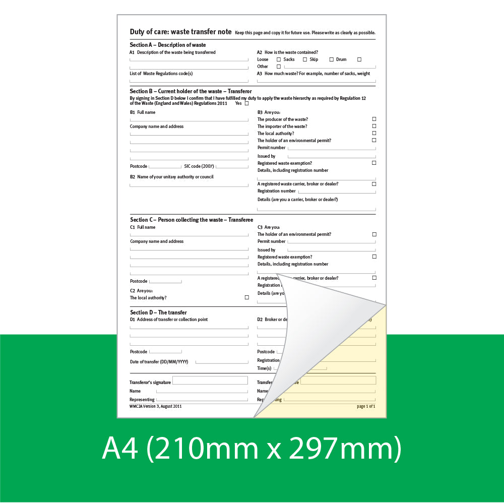 Environment Agency Duty of Care Waste Transfer Note, A4, Duplicate (69608)