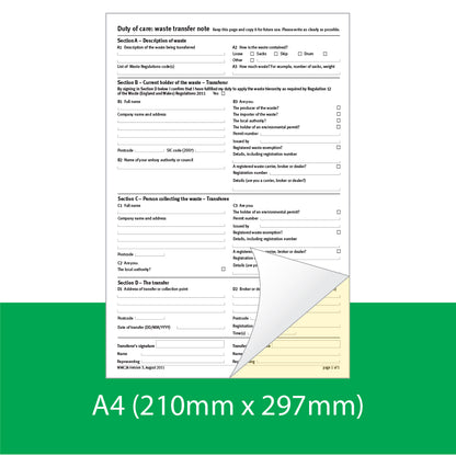 Environment Agency Duty of Care Waste Transfer Note, A4, Duplicate (69608)