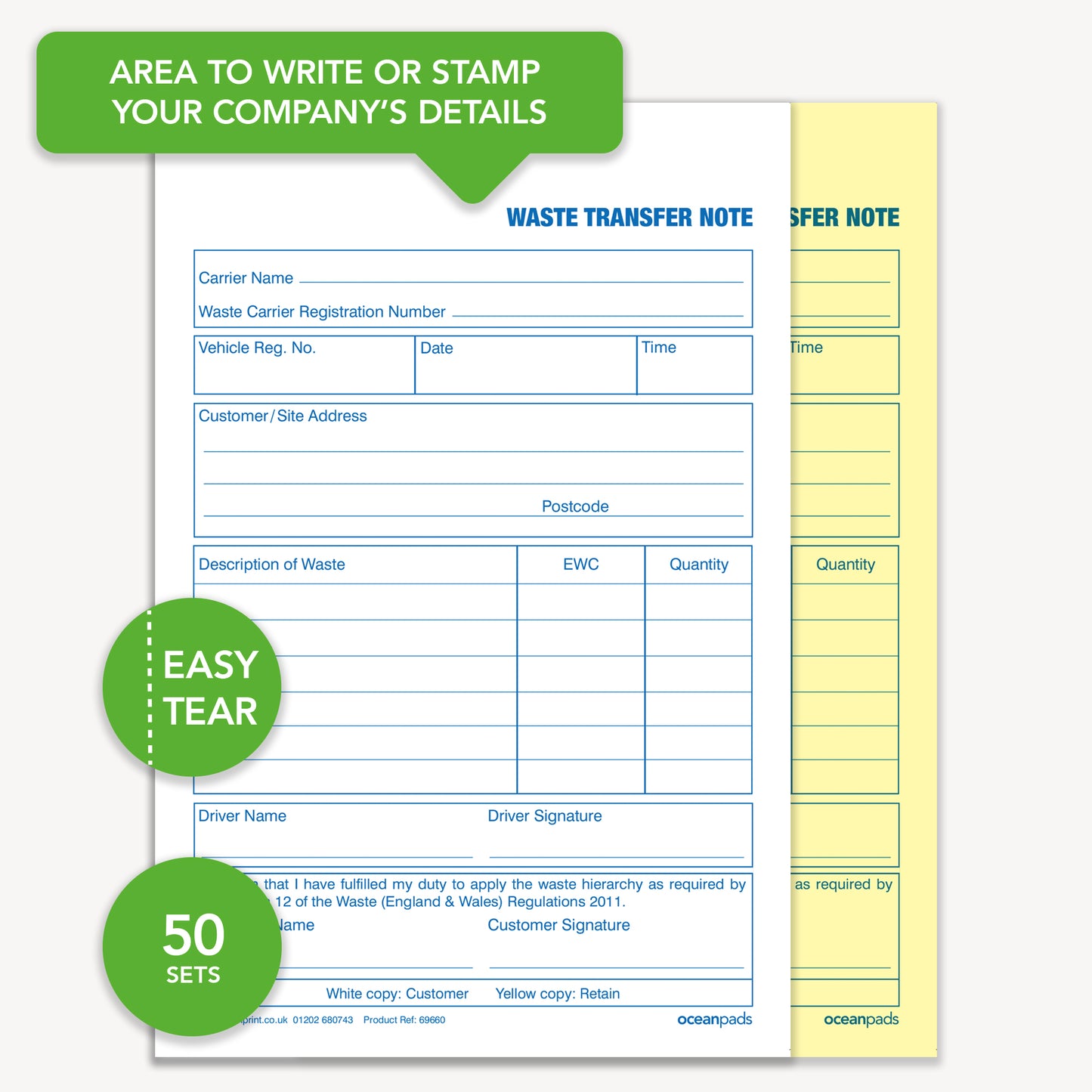 Waste Transfer Note, A5, Duplicate (69660)