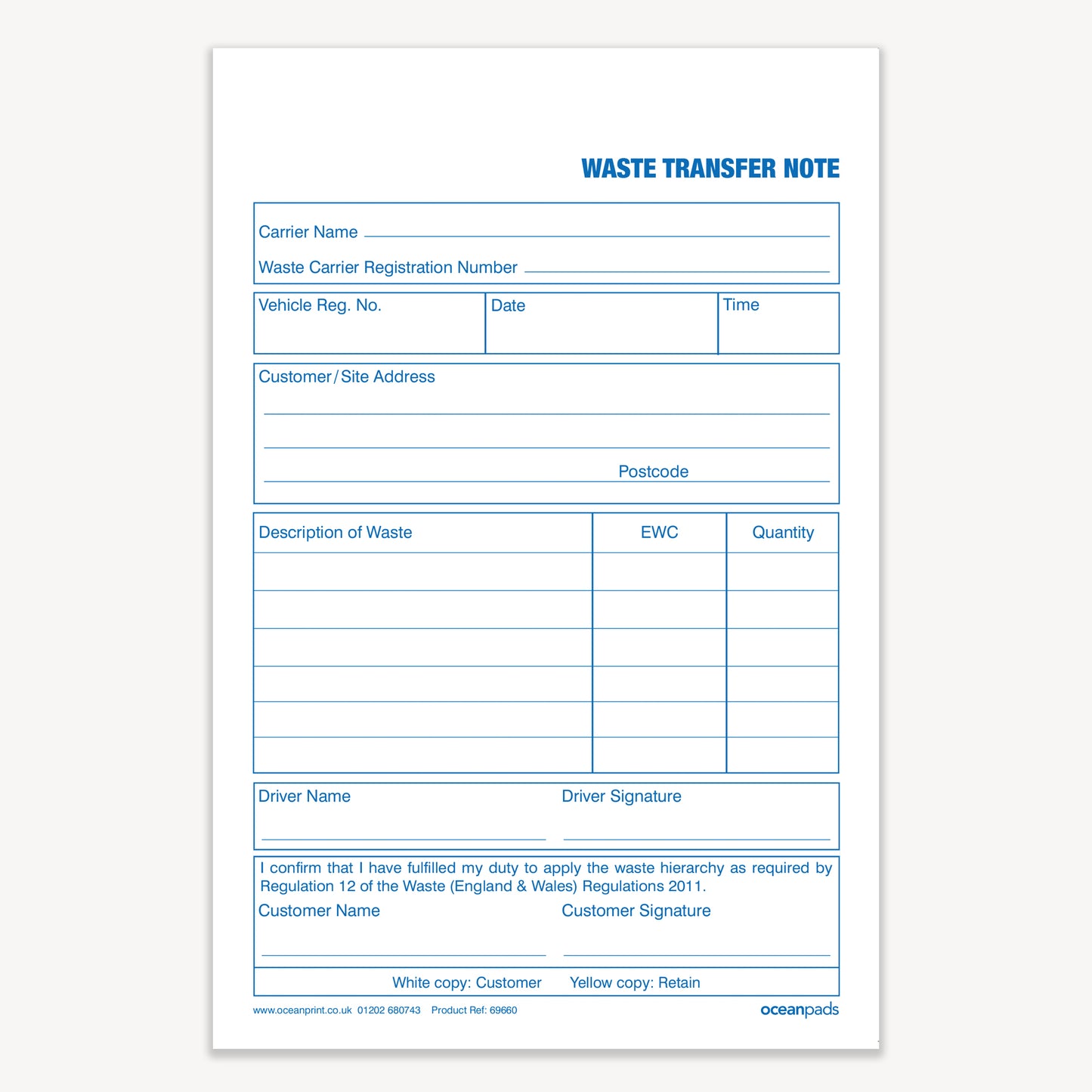 Waste Transfer Note, A5, Duplicate (69660)