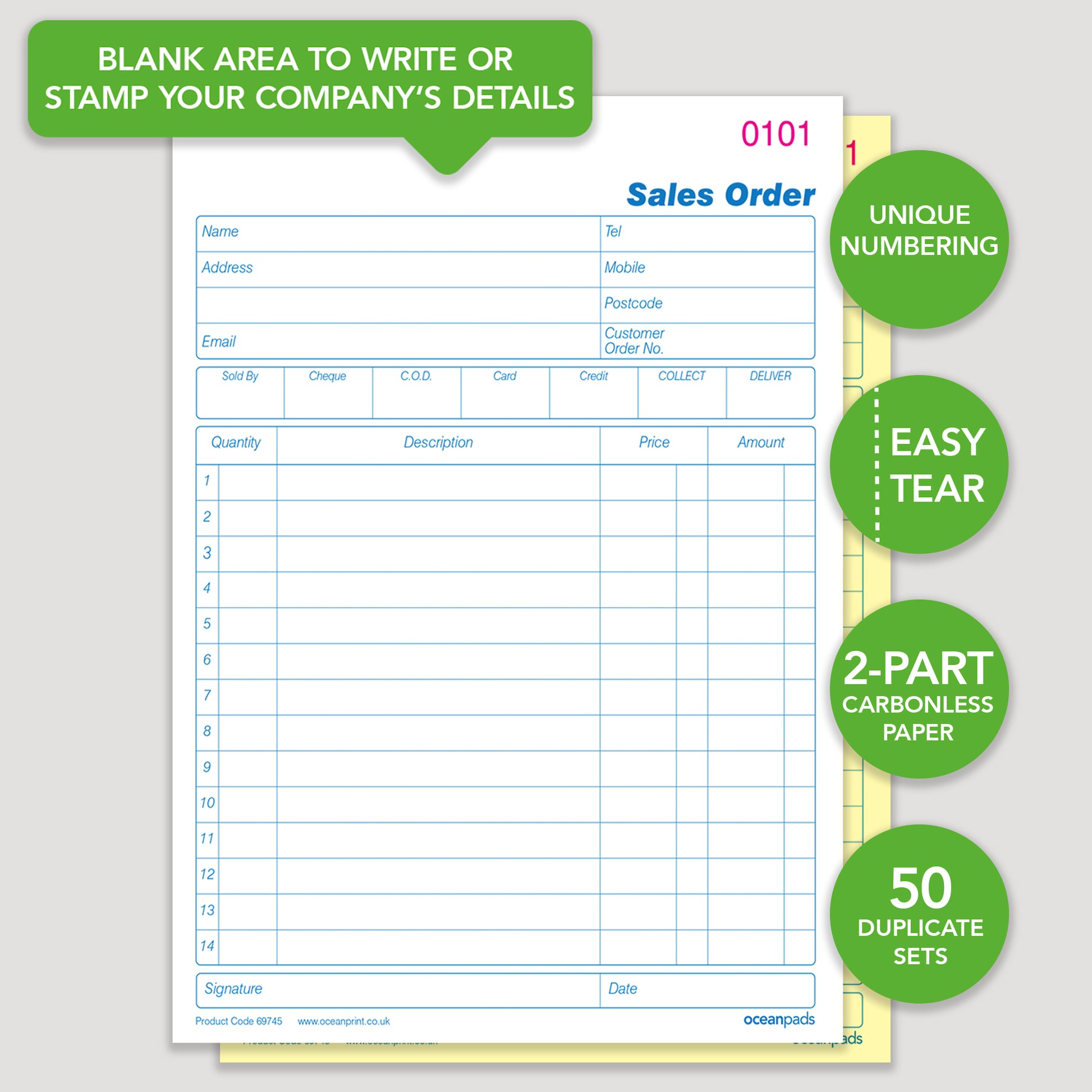 Duplicate Sales Order Book Carbonless (NCR) Pad 50 Sets - 137x203mm A5 Size