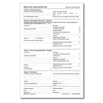 Environment Agency Duty of Care Waste Transfer Note, A4, Triplicate (69837)