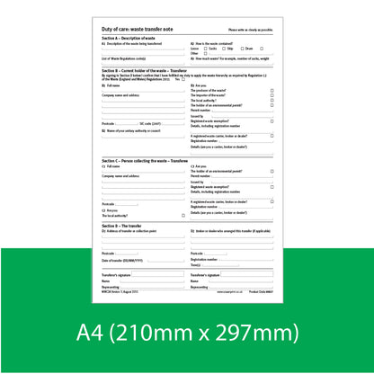 Environment Agency Duty of Care Waste Transfer Note, A4, Triplicate (69837)