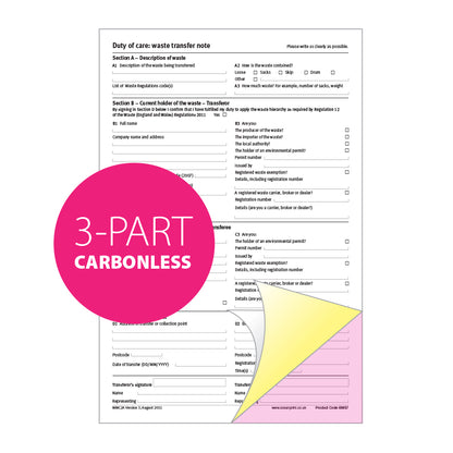 Environment Agency Duty of Care Waste Transfer Note, A4, Triplicate (69837)