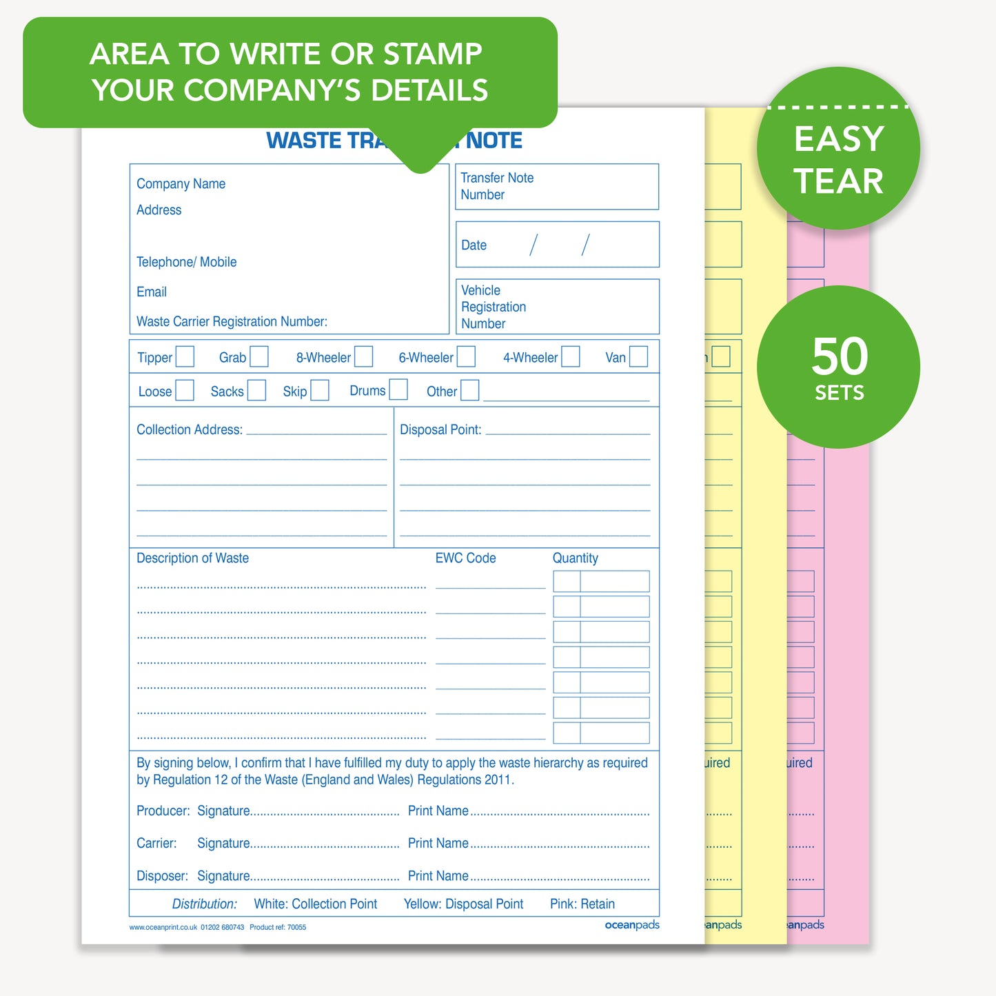 Waste Transfer Note A5 50 Sets Book 3-Part Carbonless Paper (70055)