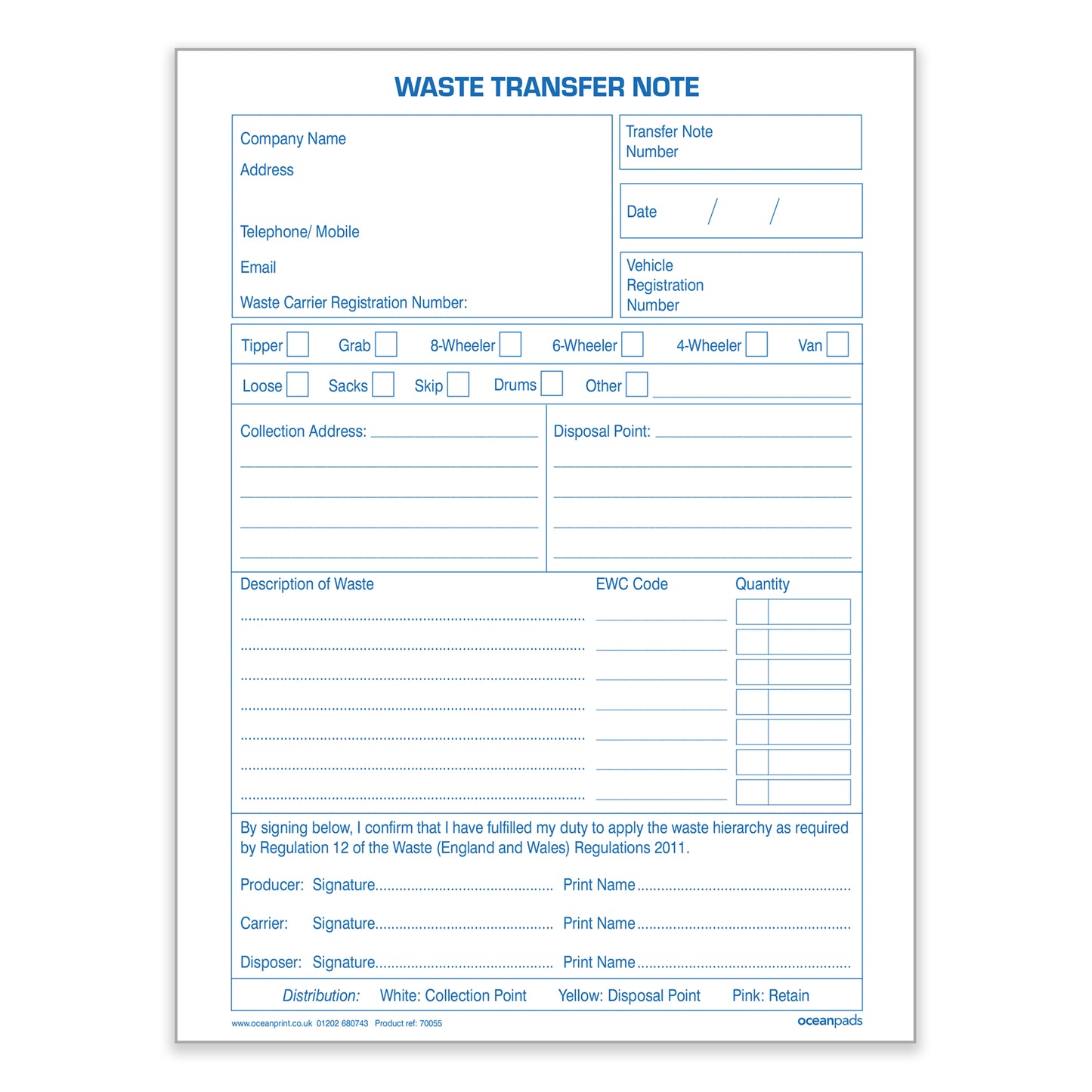 Waste Transfer Note A5 50 Sets Book 3-Part Carbonless Paper (70055)