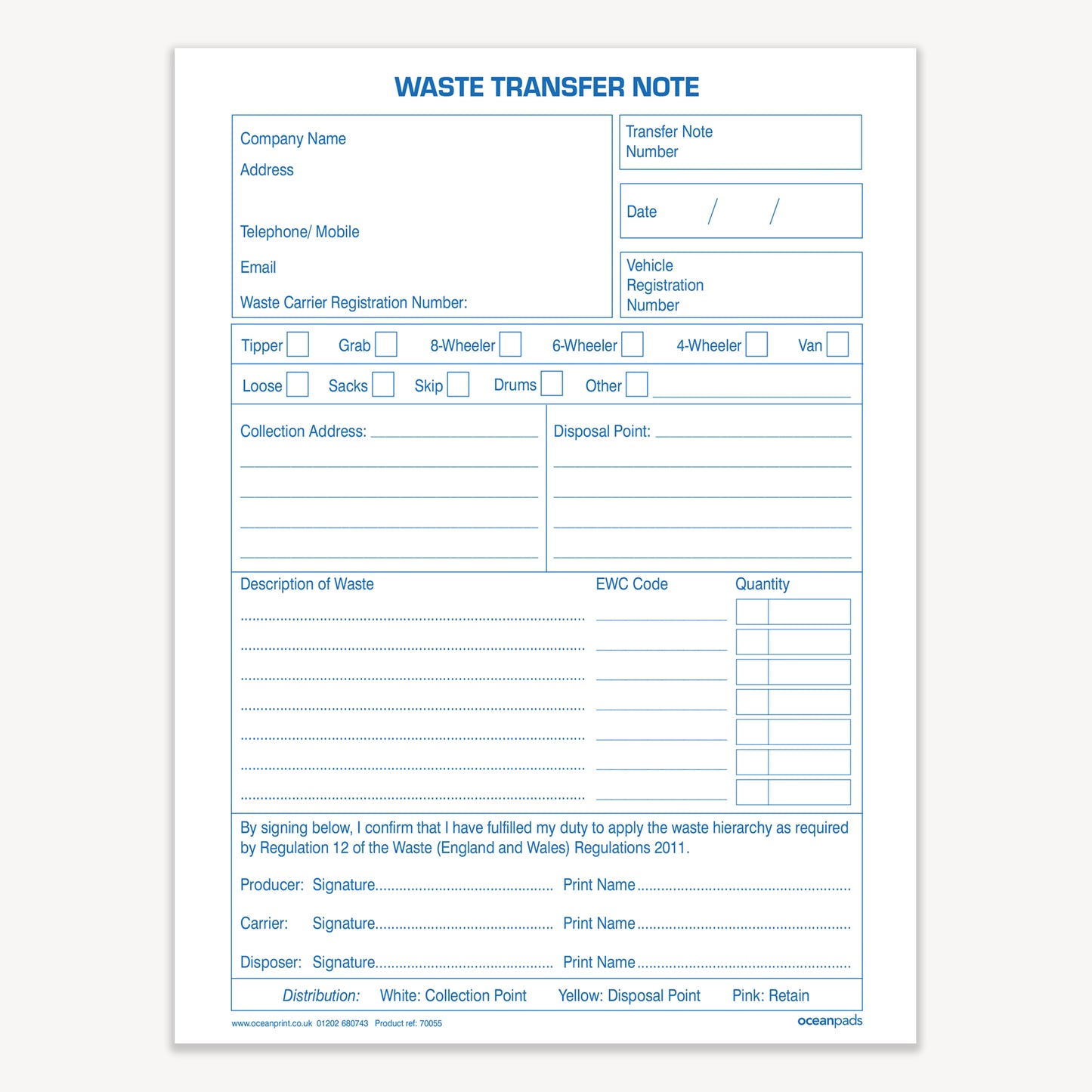 Waste Transfer Note A5 50 Sets Book 3-Part Carbonless Paper (70055)