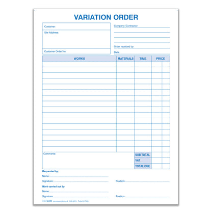 Variation Order Book for Builders, Plumbers, Carpenters, Electricians, Decorators and Other Trades (70239)