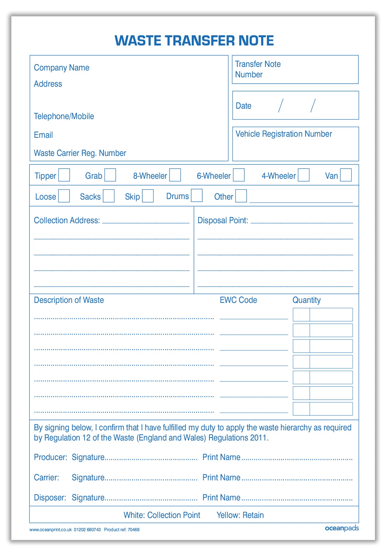 Waste Transfer Note, A5, Duplicate (70468)