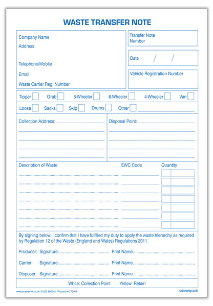 Waste Transfer Note, A5, Duplicate (70468)