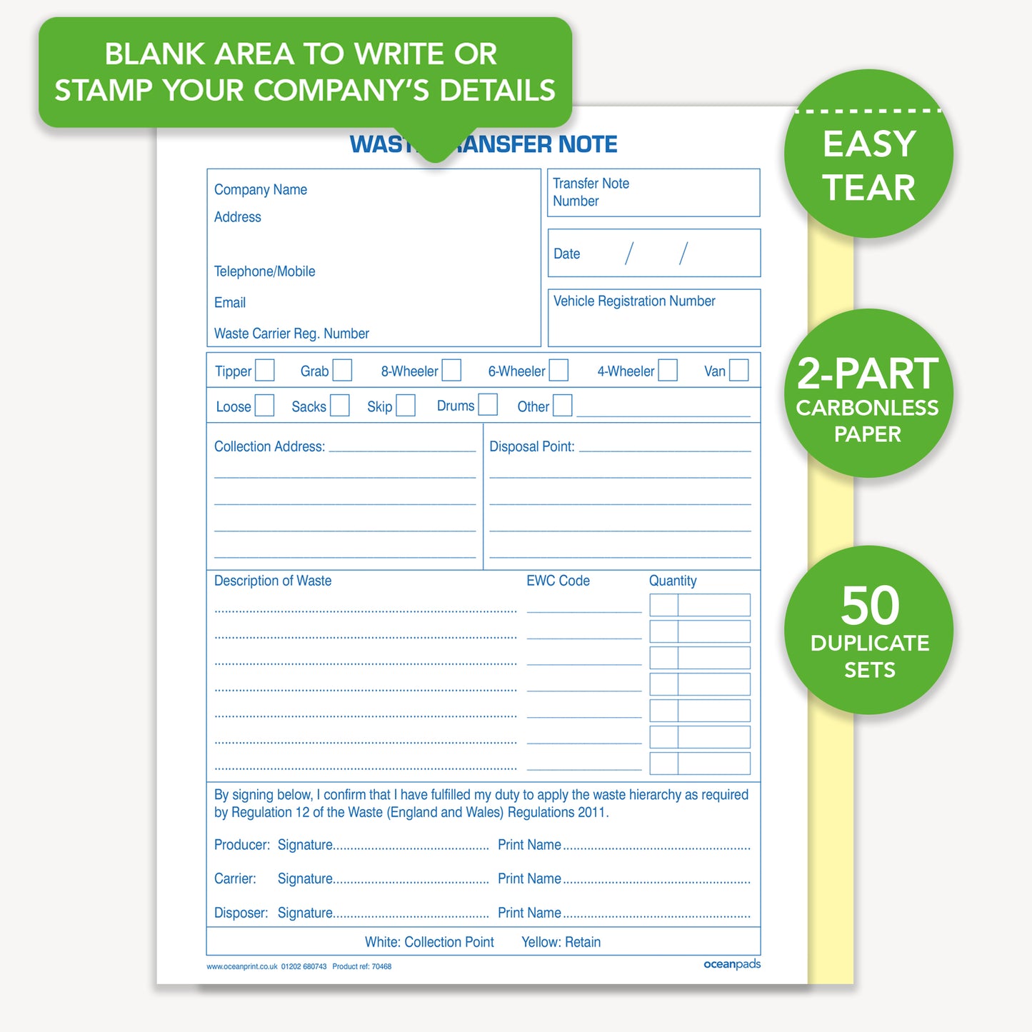 Waste Transfer Note, A5, Duplicate (70468)