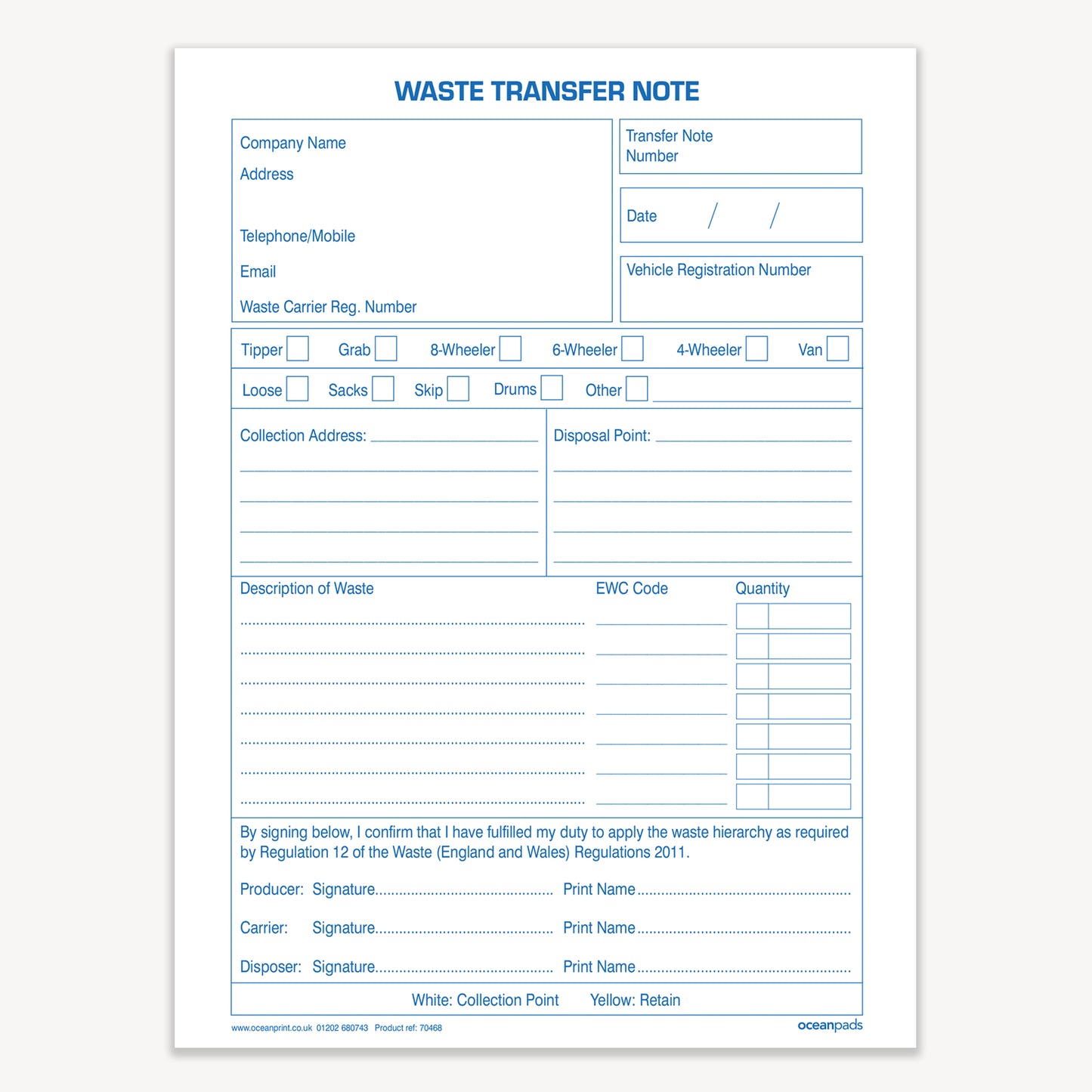 Waste Transfer Note, A5, Duplicate (70468)