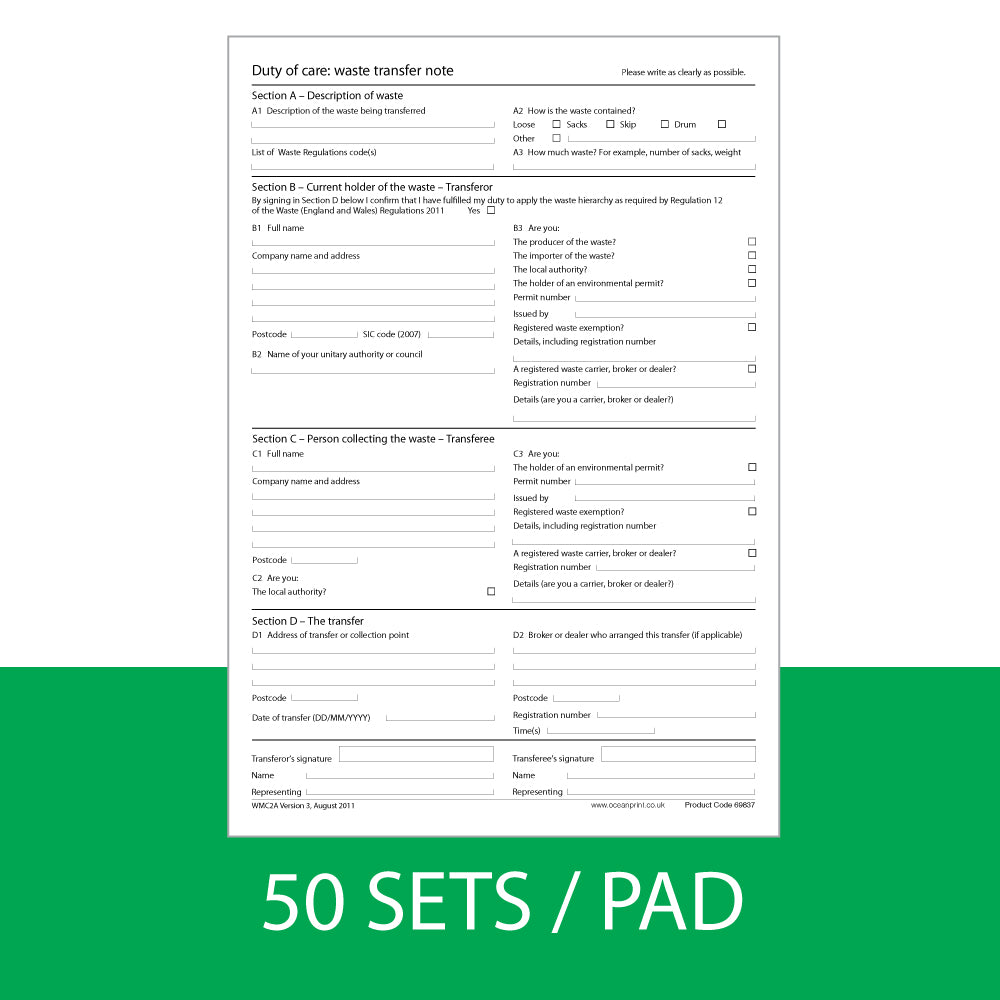 Environment Agency Duty of Care Waste Transfer Note, A4, Triplicate (69837)